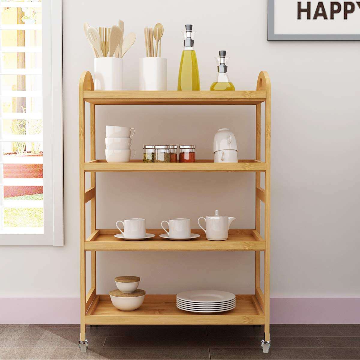 Bamboo Kitchen Island Cart, Rolling Kitchen Trolley with 4 Shelves for Living Room, Bathroom