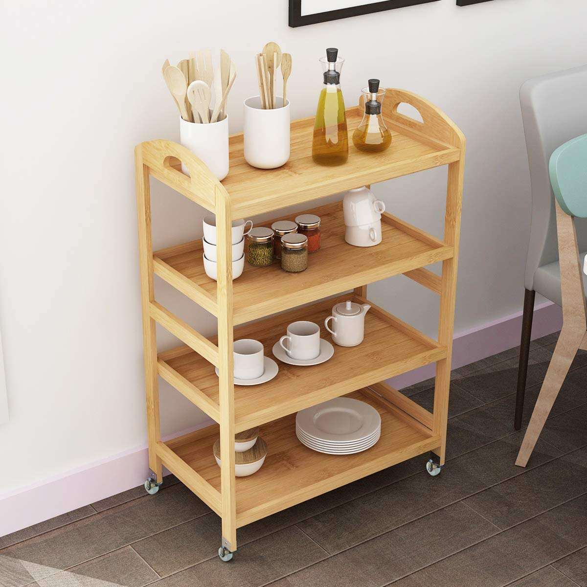 Bamboo Kitchen Island Cart, Rolling Kitchen Trolley with 4 Shelves for Living Room, Bathroom