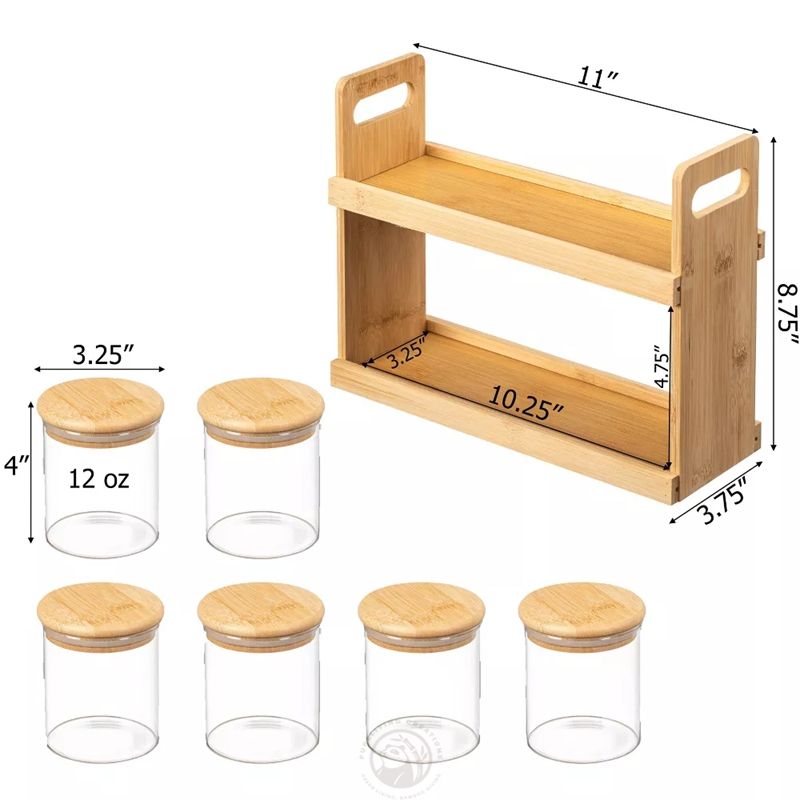 Eco-Friendly Bamboo 2-Tier Spice Rack with Glass Airtight Jars