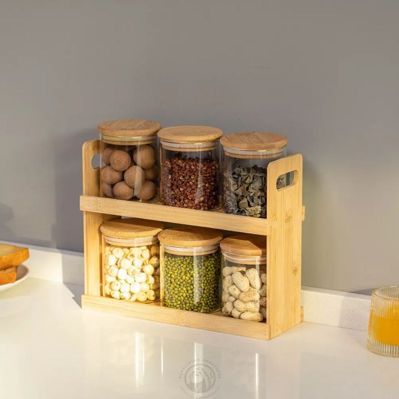 Eco-Friendly Bamboo 2-Tier Spice Rack with Glass Airtight Jars