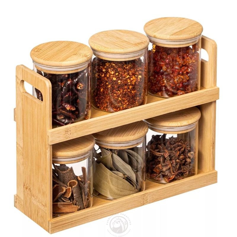 Eco-Friendly Bamboo 2-Tier Spice Rack with Glass Airtight Jars