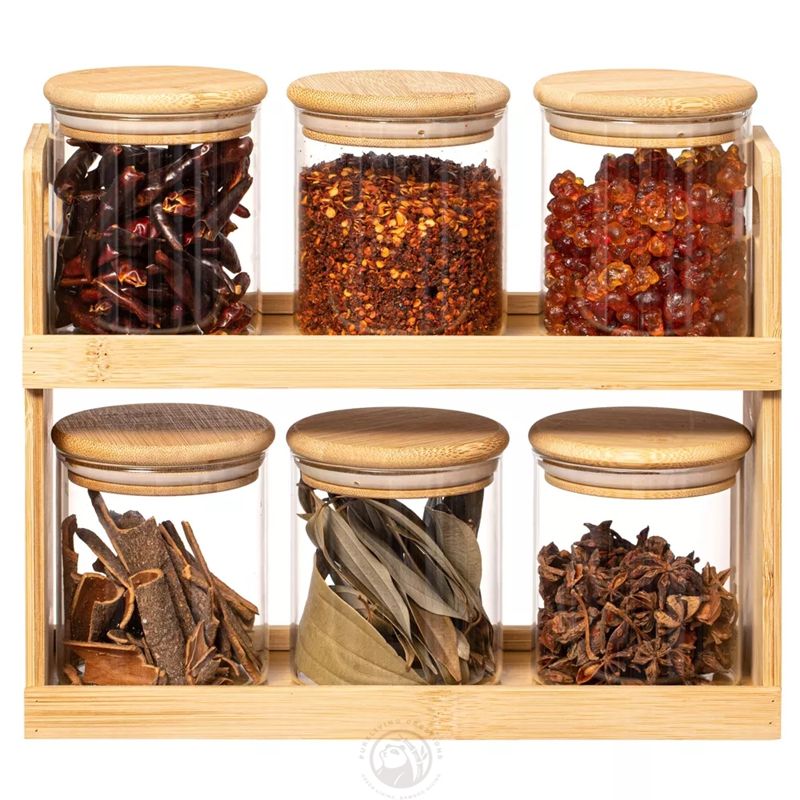 Eco-Friendly Bamboo 2-Tier Spice Rack with Glass Airtight Jars