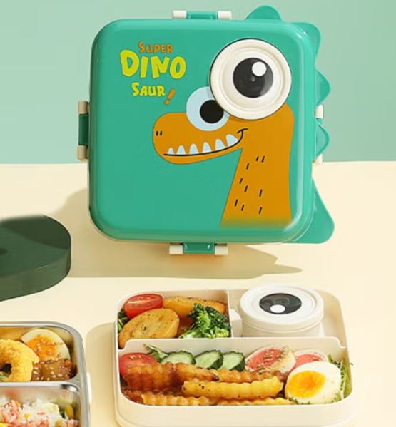 Dino Saur Design Bento Lunch Box - 3 Compartment Bento Box 1200ml, 3 Grids with Sauce Bowl