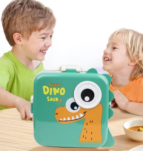 Dino Saur Design Bento Lunch Box - 3 Compartment Bento Box 1200ml, 3 Grids with Sauce Bowl