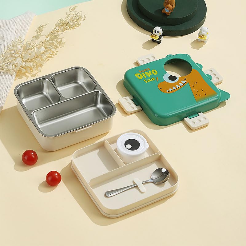 Dino Saur Design Bento Lunch Box - 3 Compartment Bento Box 1200ml, 3 Grids with Sauce Bowl