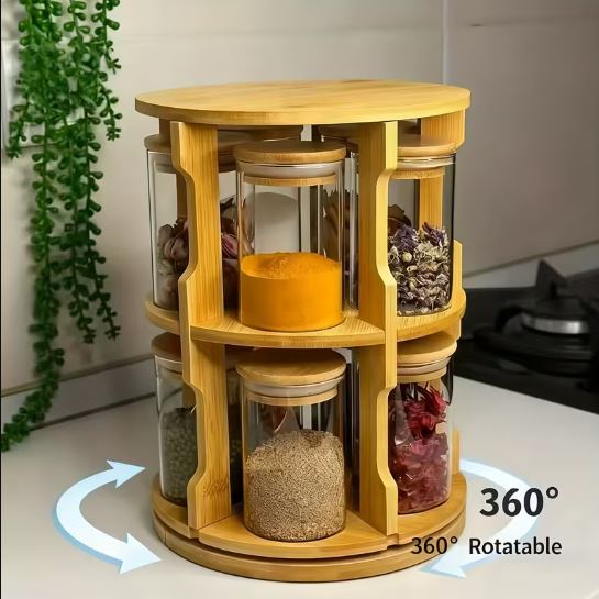 Bamboo 360° Rotation Glass Spice Jars Rack, 1pc Spice Rack + 10pcs Glass Spice Jars