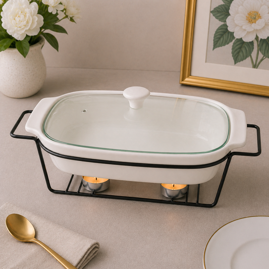 Brilliant 14-Inch Oval Ceramic Chafing Dish with Metal Candle Stand