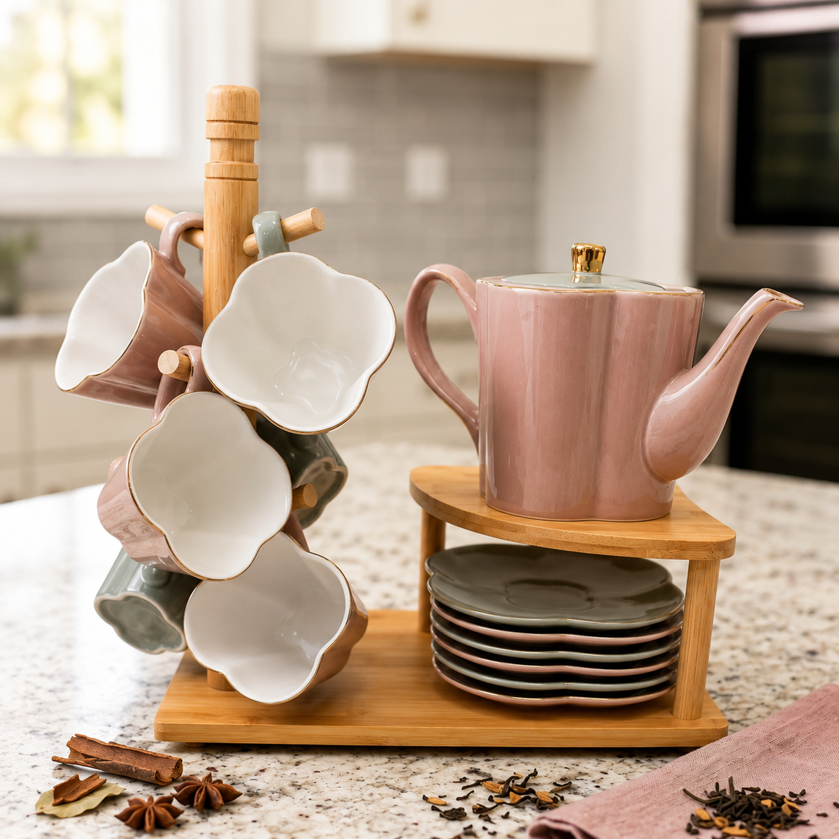 Ceramic Tea Set with Wooden Stand