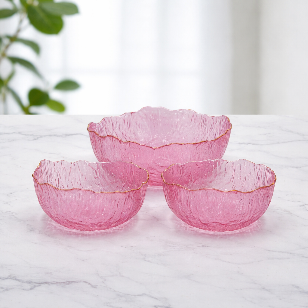 7 Pcs Premium Textured Glass Fruit Bowl Set – Pink