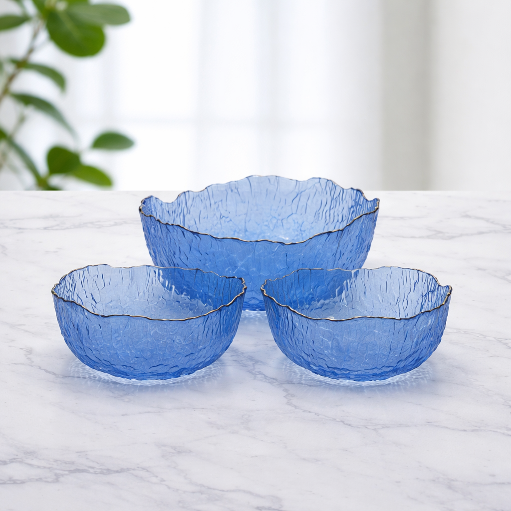 7 Pcs Premium Textured Glass Fruit Bowl Set – Blue