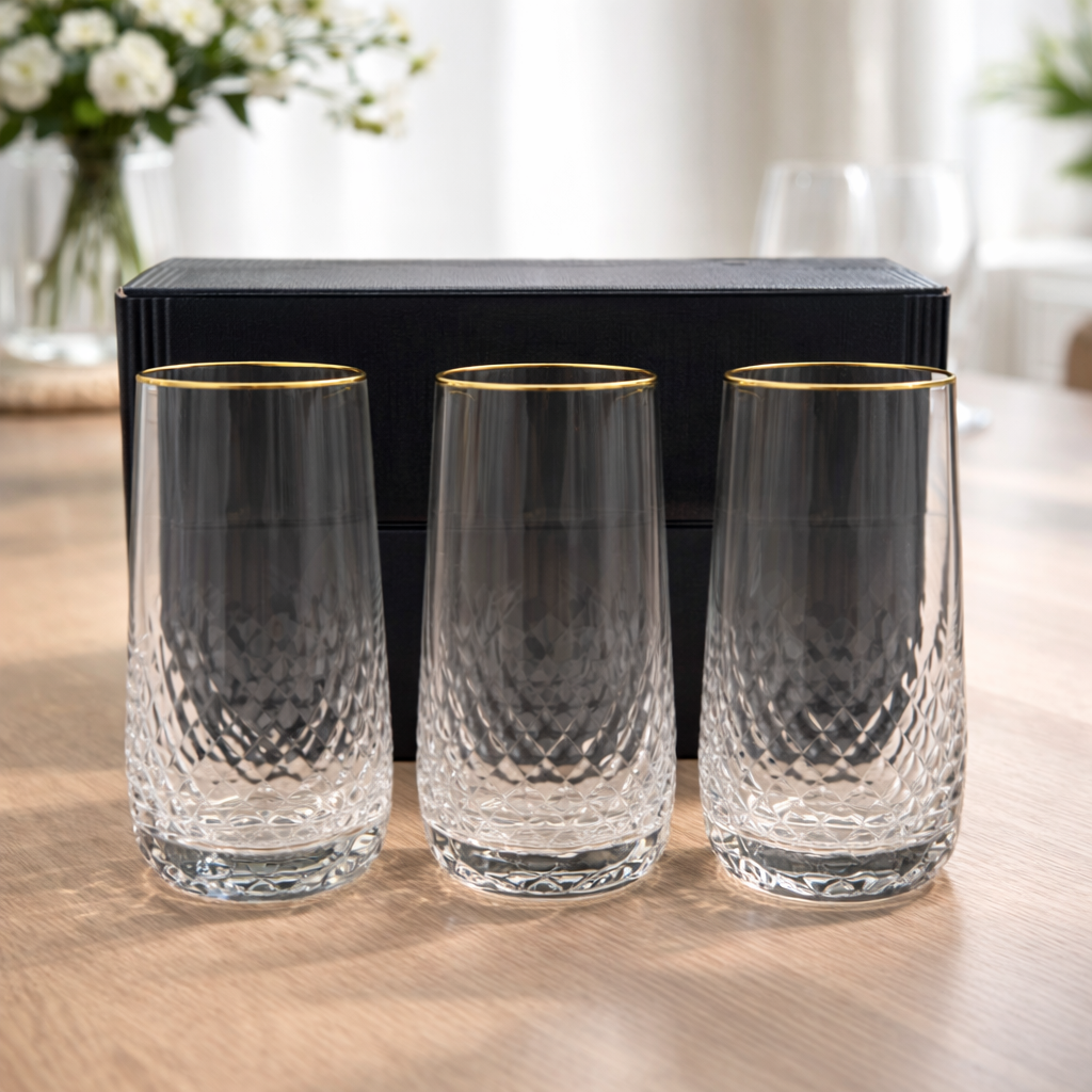 6 Pcs Premium Gold Rim Diamond Cut Tall Glass Set