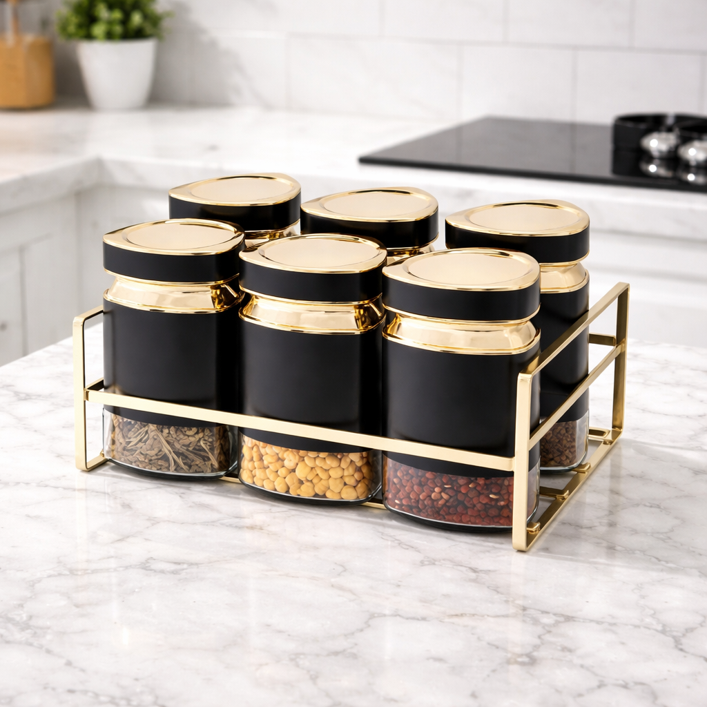 7 Pcs Premium Black & Gold Canister Set with Rack