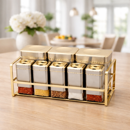 Luxury 9-Piece Kitchen Canister & Spice Jar Set with Gold Rack