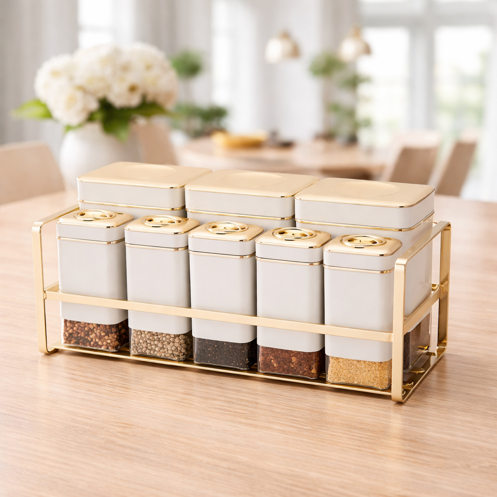Elegant 9-Piece Kitchen Canister & Spice Jar Set with Gold Rack