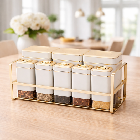 Elegant 9-Piece Kitchen Canister & Spice Jar Set with Gold Rack