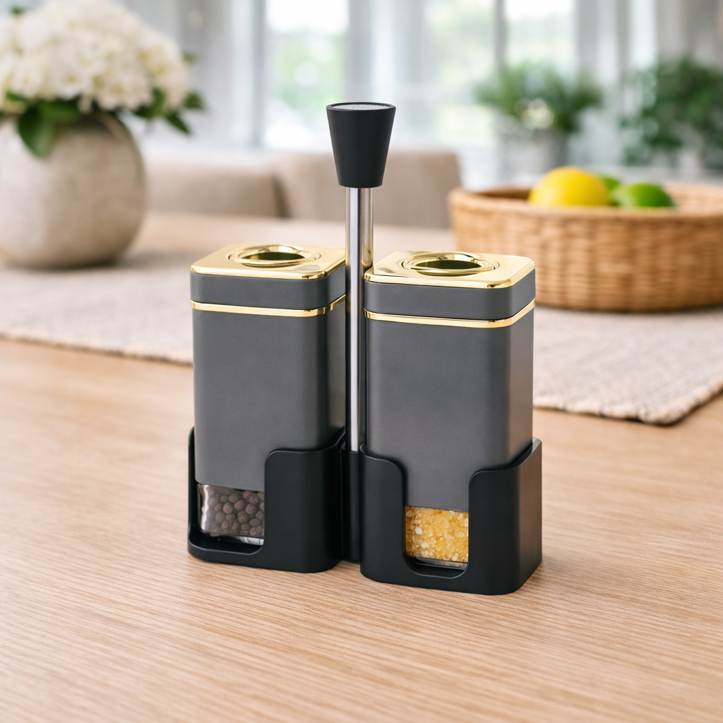 Urban Grey & Gold Dual Salt & Pepper Dispenser Set