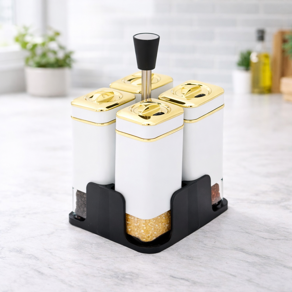 Luxe White & Gold 4-Piece Spice Dispenser Set with Stand