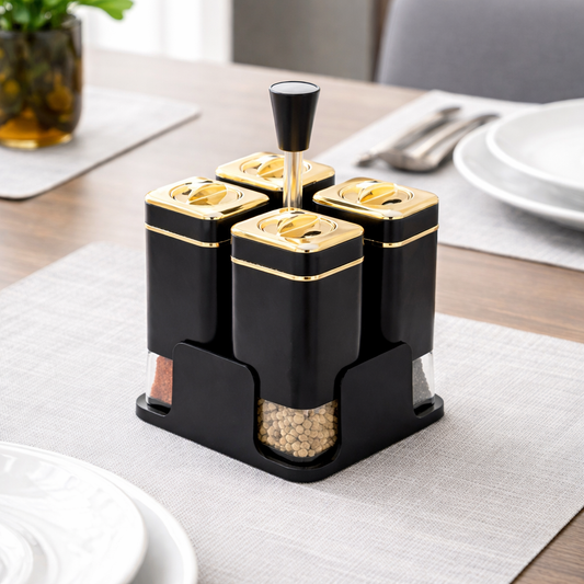 Luxury 4-Piece Spice & Condiment Jar Set with Stand (Black & Gold)
