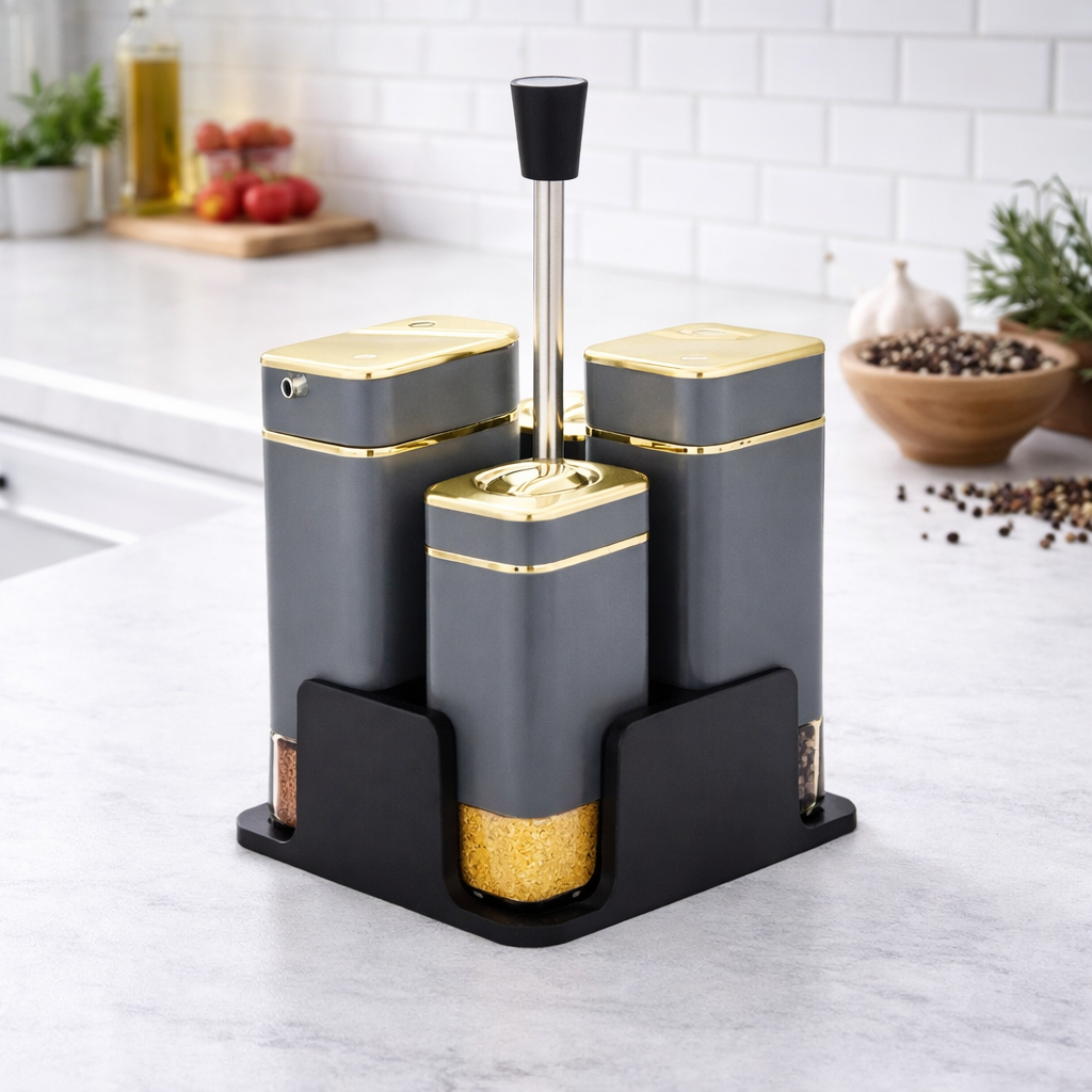 Elegant 4-Piece Grey & Gold Spice Jar Set with Stand