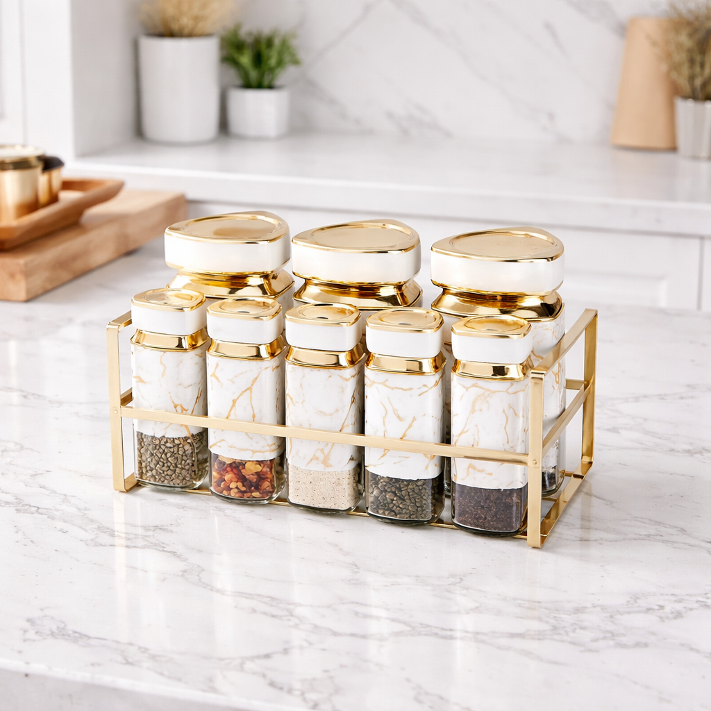 9 Pcs Marble Design Spice Jar Set with Golden Stand