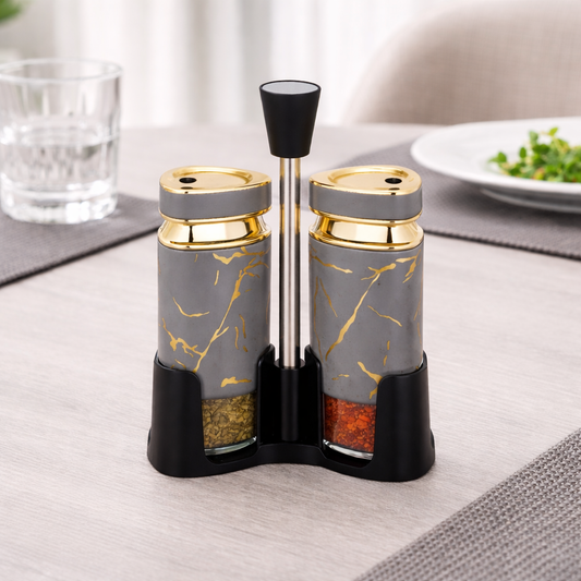 Luxury Grey & Gold Salt & Pepper Shaker Set with Stand