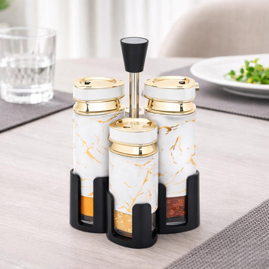 4 Pcs Luxury White & Gold Condiment Set with Stand