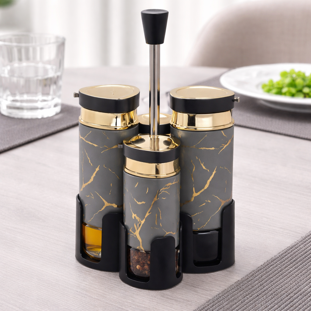4 Pcs Premium Grey & Gold Condiment Set with Stand