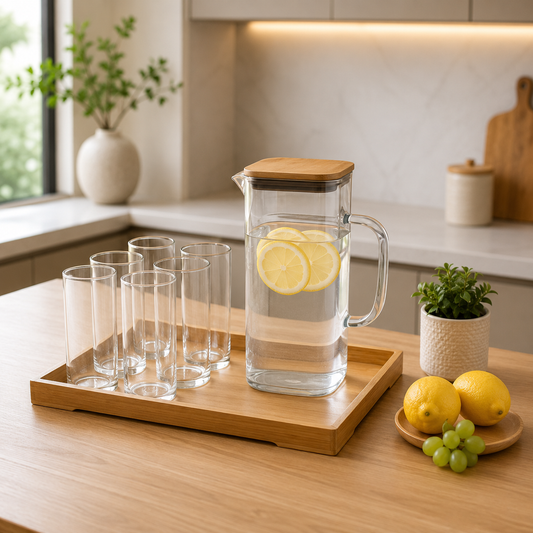 Premium Glass Water Jug Set with Wooden Tray – 8 Pieces