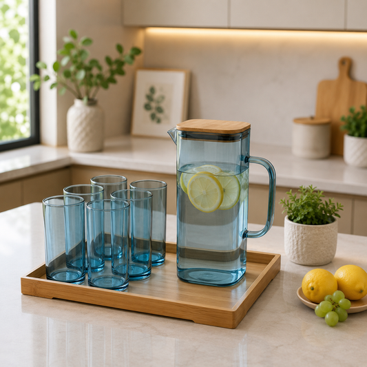 Premium Blue Glass Water Jug Set with Wooden Tray – 8 Pieces