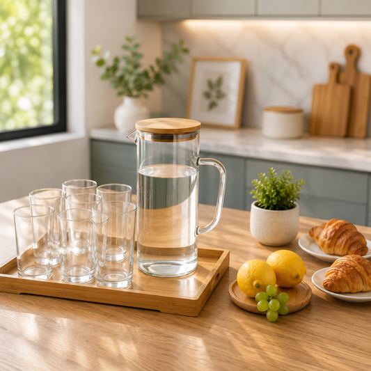 CrystalFlow Glass Beverage Set with Bamboo Tray – 8 Pieces