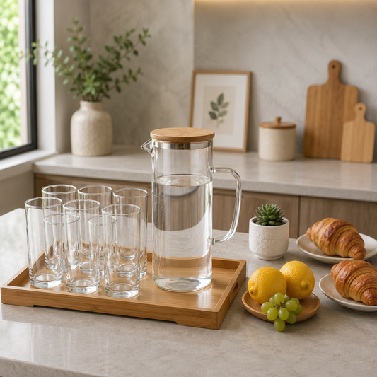 Crystal Elegance Glass Beverage Set with Bamboo Tray – 8 Pieces