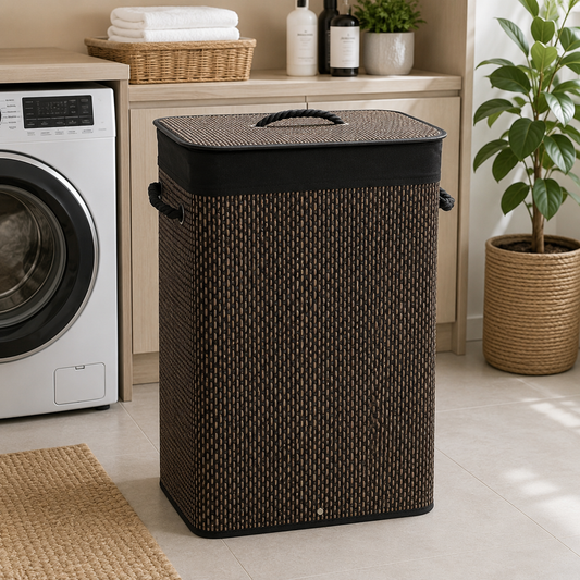 Dark Brown Bamboo Rectangular Laundry Basket with Lid