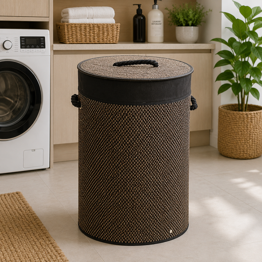 Dark Brown Bamboo Round Laundry Basket with Lid