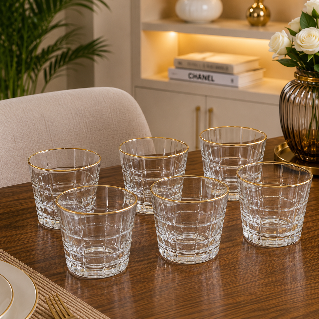 6-Piece Checkered Crystal Glass Tumbler Set with Gold Rim