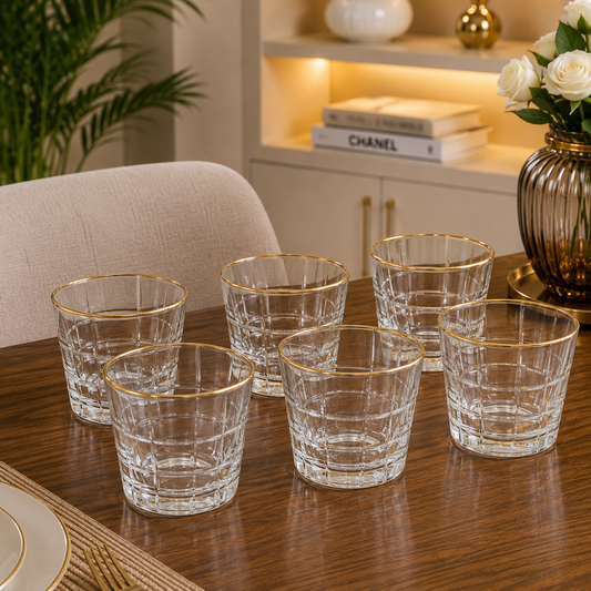 6-Piece Checkered Crystal Glass Tumbler Set with Gold Rim