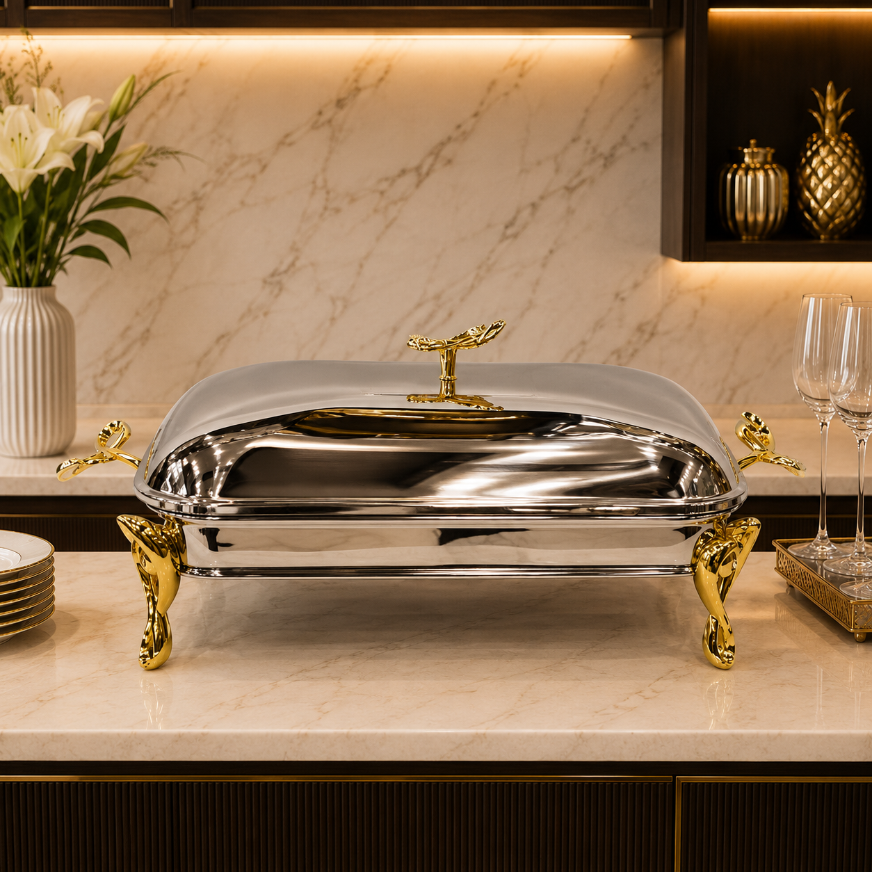 Luxury 3L Stainless Steel Chafing Dish with Gold Accents