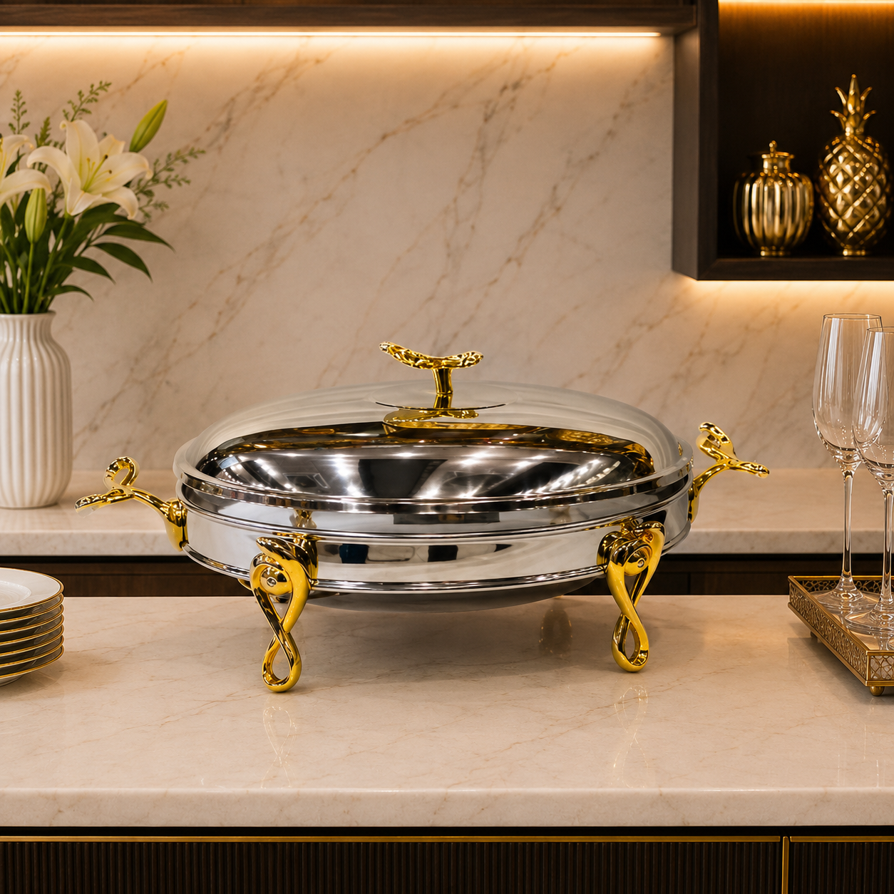 Luxury 3L Round Stainless Steel Chafing Dish with Gold Accents