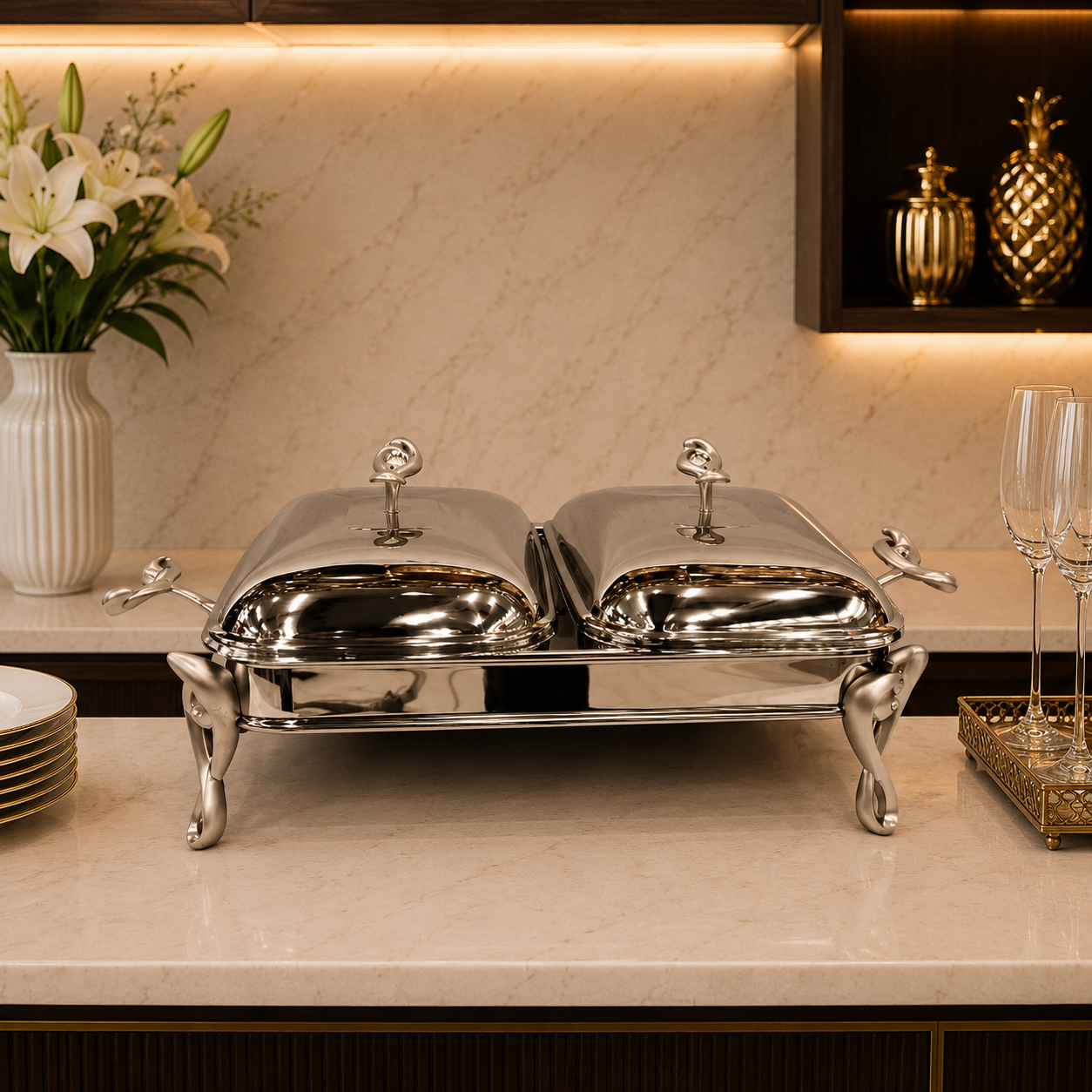 Premium Double Stainless Steel Chafing Dish – 1.5L × 2 Compartments (Silver Finish)