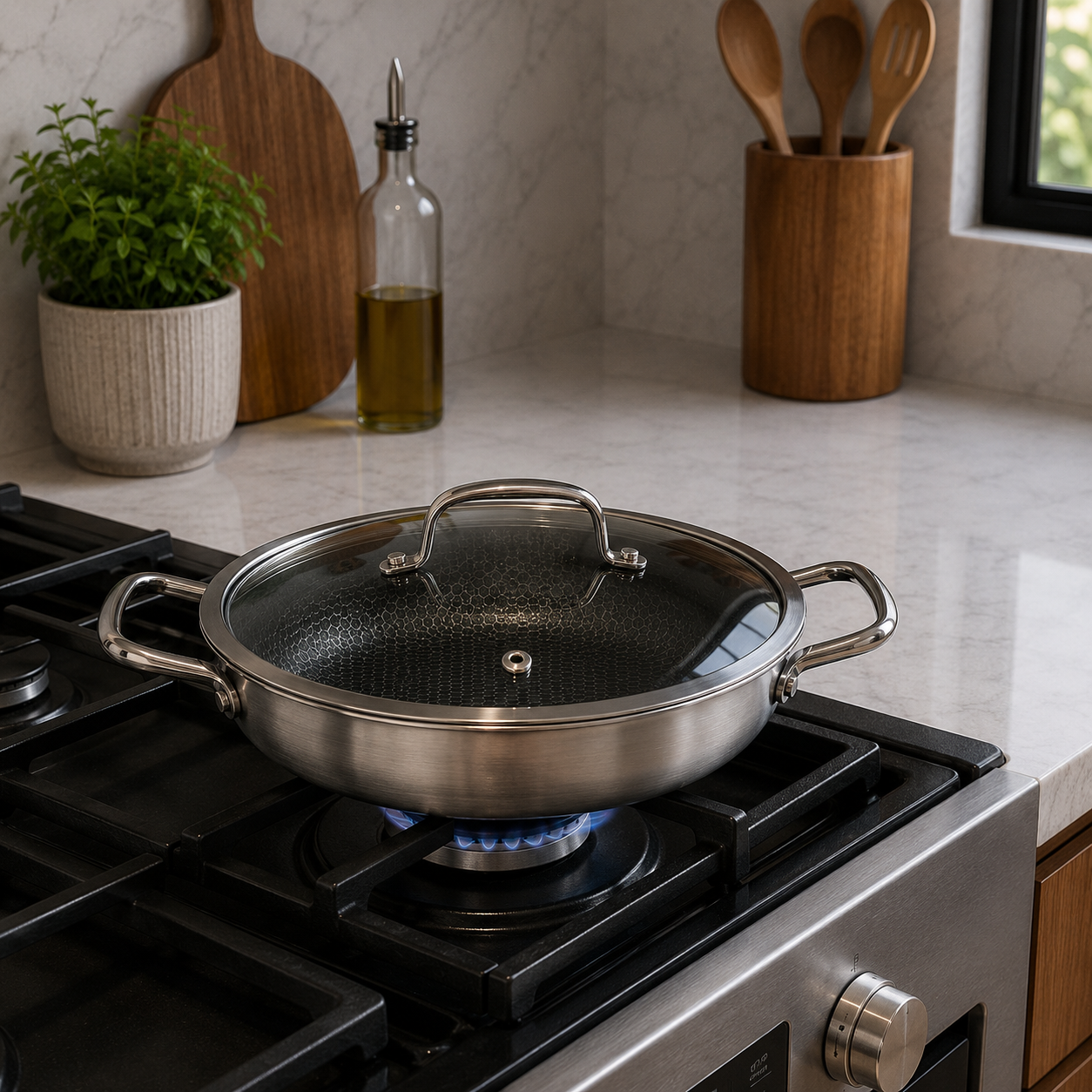 Stainless Steel Shallow Casserole with Glass Lid | 24cm