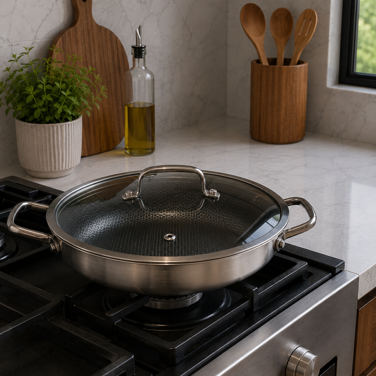 Stainless Steel Shallow Casserole with Glass Lid | 28cm