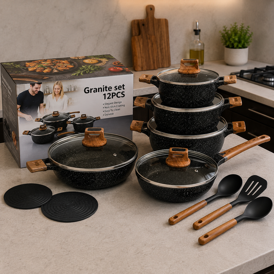 12-Piece Black Granite Non-Stick Cookware Set