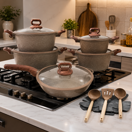 15-Piece Beige Granite Non-Stick Cookware Set