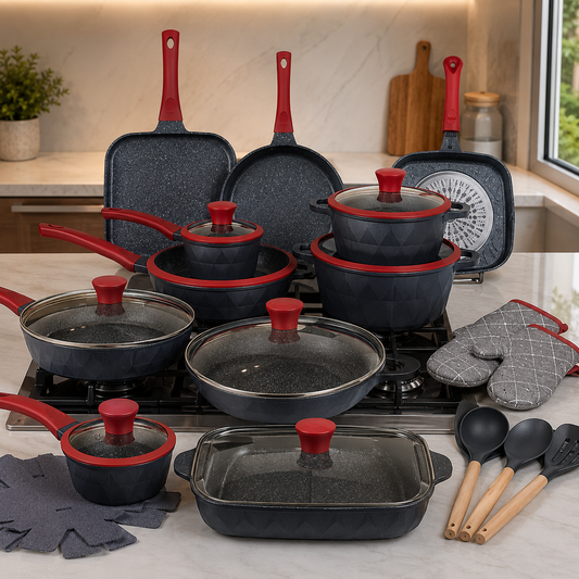 21-Piece Granite Non-Stick Cookware Set – Black & Red Edition