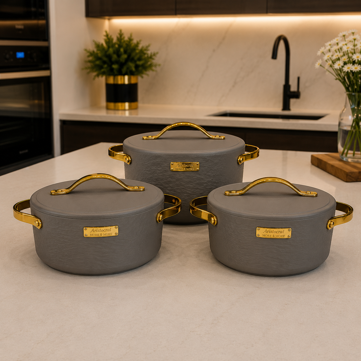 3 Pcs Premium Warm Grey Insulated Hotpot with Gold Handles