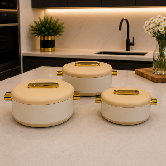 3 Pcs Premium Beige Insulated Hotpot with Gold Accents