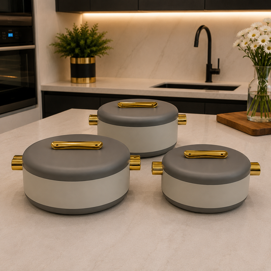 3 Pcs Premium Light Grey Insulated Hotpot with Gold Accents