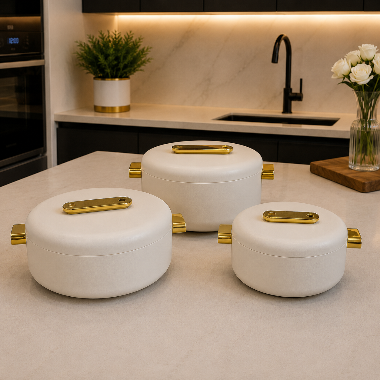 3 Pcs Premium White Insulated Hotpot with Gold Accents