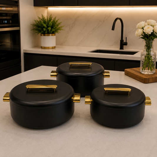 3 Pcs Premium Black Insulated Hotpot with Gold Accents