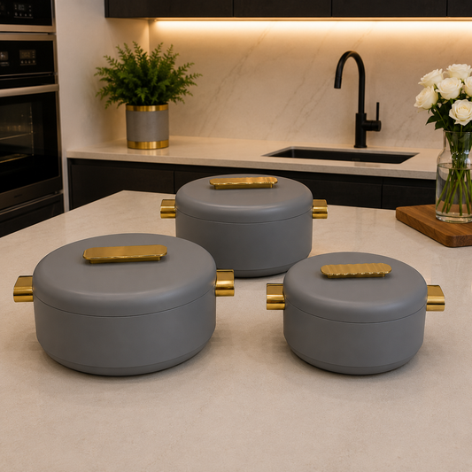 3 Pcs Premium Grey Insulated Hotpot with Gold Accents