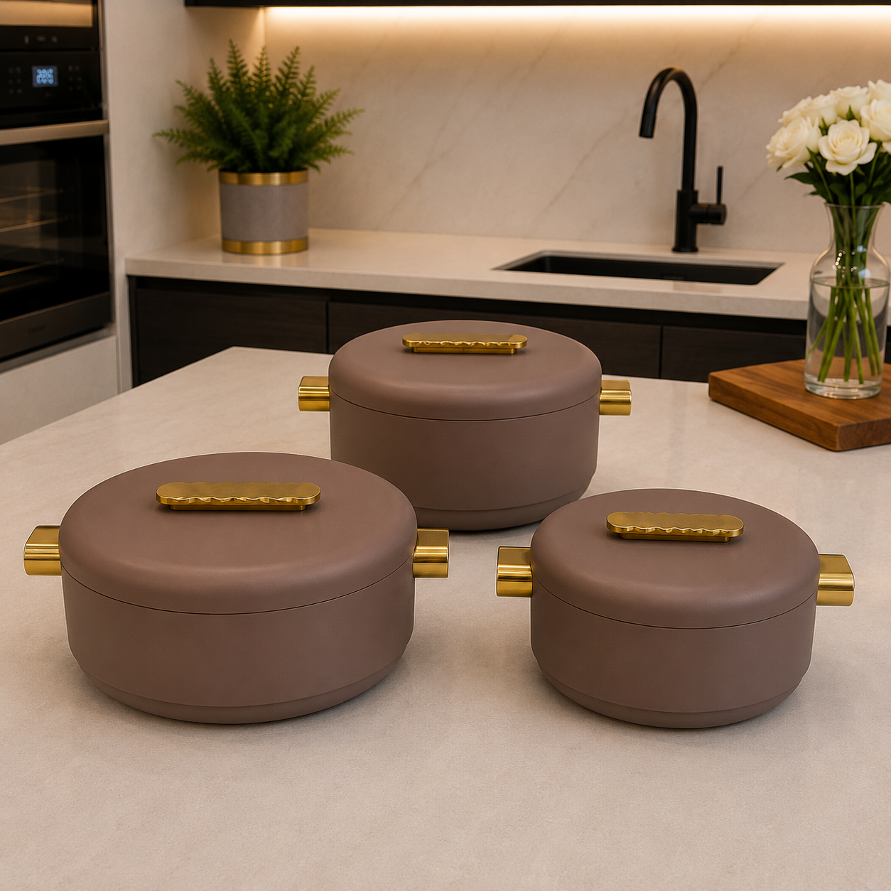 3 Pcs Premium Coffee Brown Insulated Hotpot with Gold Accents